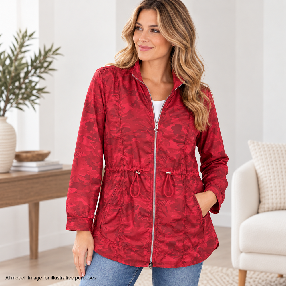 Tommy Bahama Jacket Womens Large Red Tropical Camo Anorak Drawstring Full Zip